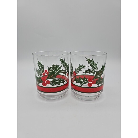Vintage Set of (2) LIBBY Holly & Berries Ribbon 4" Old Fashioned Rocks Glasses - Picture 1 of 8